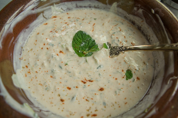 Cool cucumber and mint raita-- a common side dish or a condiment in India. |www.cookeatlaugh.com