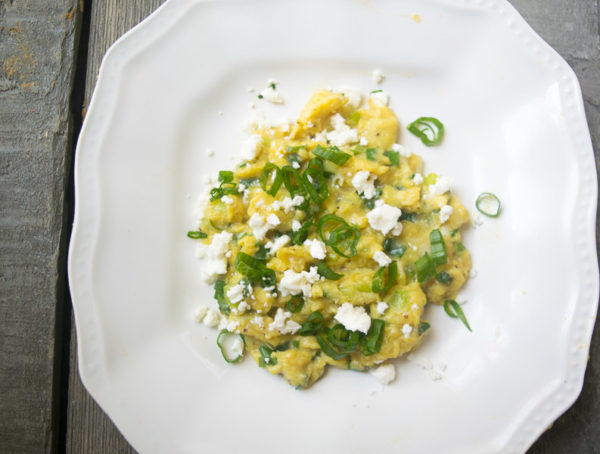 Soft scrambled eggs with green onion and chili