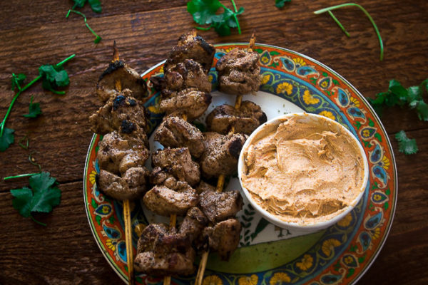 Za’atar chicken skewers with spicy tahini sauce