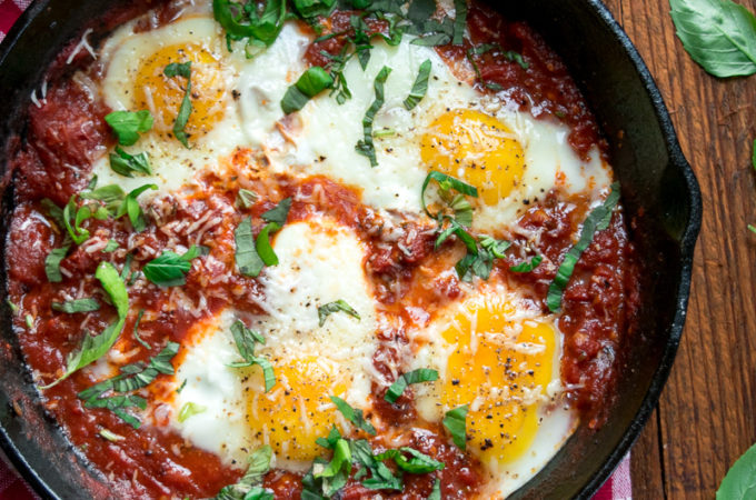 Eggs poached in fiery tomato sauce (eggs in purgatory)