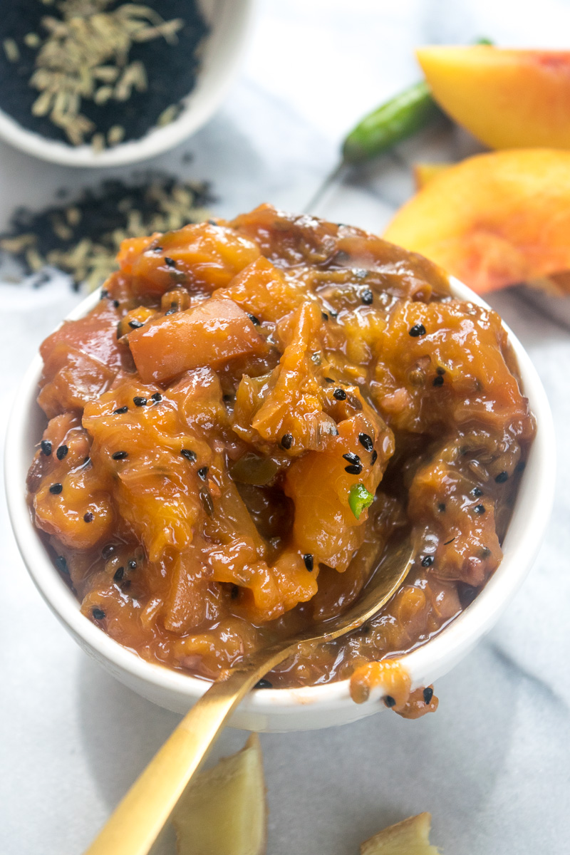 End of summer peach chutney-- a perfect combination of sweet, tangy, spicy, and savory. Great on toast, serve along with your cheese board, or slather on everything. |www.cookeatlaugh.com
