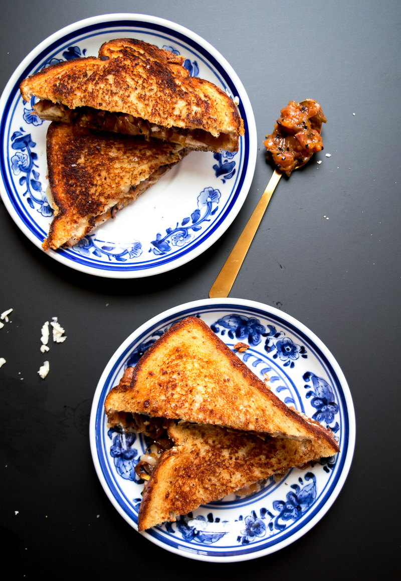 The ultimate sweet & savory grilled cheese--tangy sweet peach chutney and carmalized onions pairs perfectly with the ooey gooey melted cheese! |www.cookeatlaugh.com