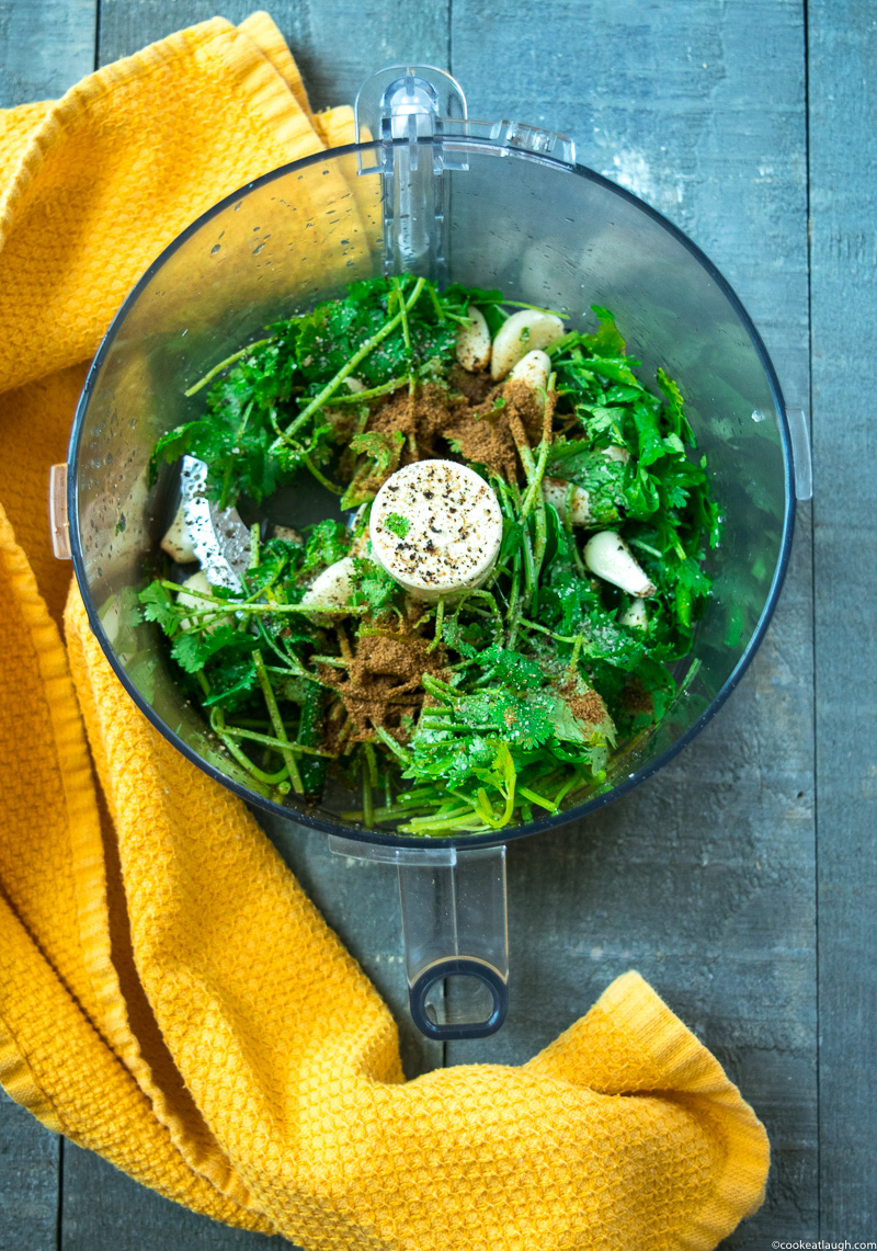 Green masala spiced roast chicken--this roast chicken is lemony, herby, spicy, crispy, and perfectly juicy.|www.cookeatlaugh.com--1