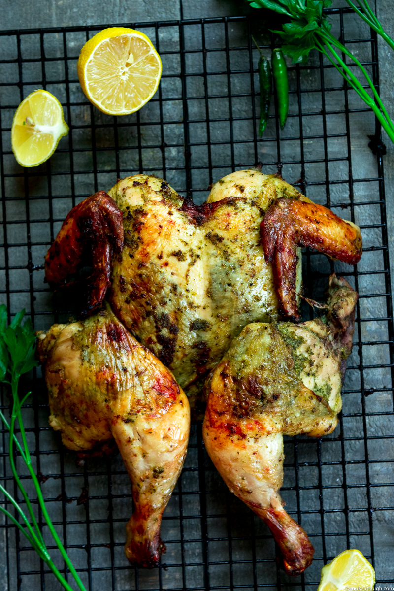 Green masala spiced roast chicken--this roast chicken is lemony, herby, spicy, crispy, and perfectly juicy.|www.cookeatlaugh.com--4