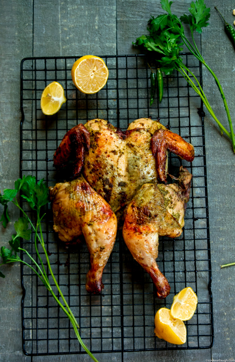 Green masala spiced roast chicken--this roast chicken is lemony, herby, spicy, crispy, and perfectly juicy.|www.cookeatlaugh.com--5
