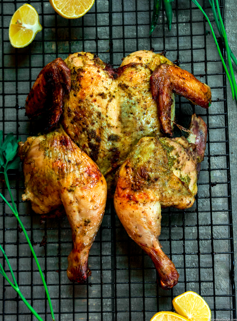 Green masala spiced roast chicken--this roast chicken is lemony, herby, spicy, crispy, and perfectly juicy.|www.cookeatlaugh.com--6