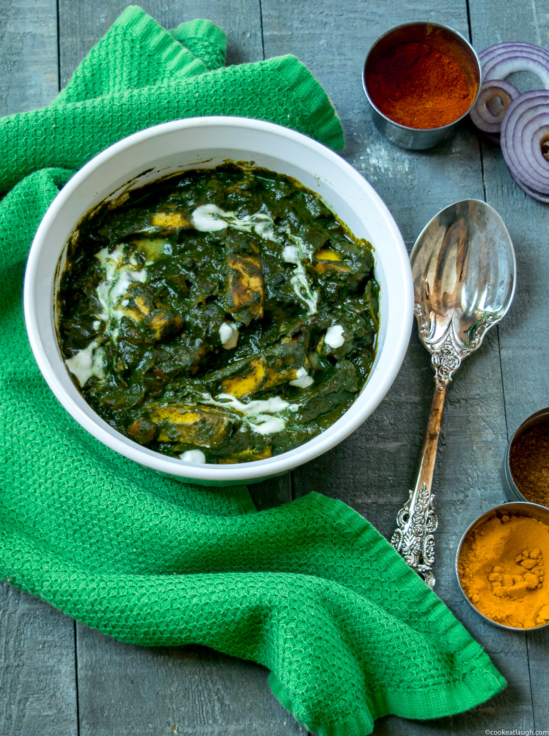 Palak paneer(Spianch with Indian cheese)--soft Indian cheese called paneer cooked in a smooth spinach(palak) curry! |www.cookeatlaugh.com-6