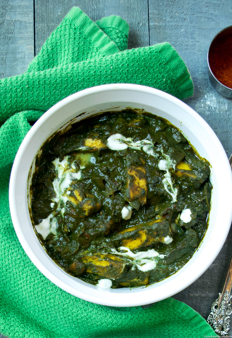 Palak paneer(Spianch with Indian cheese)--soft Indian cheese called paneer cooked in a smooth spinach(palak) curry! |www.cookeatlaugh.com-7