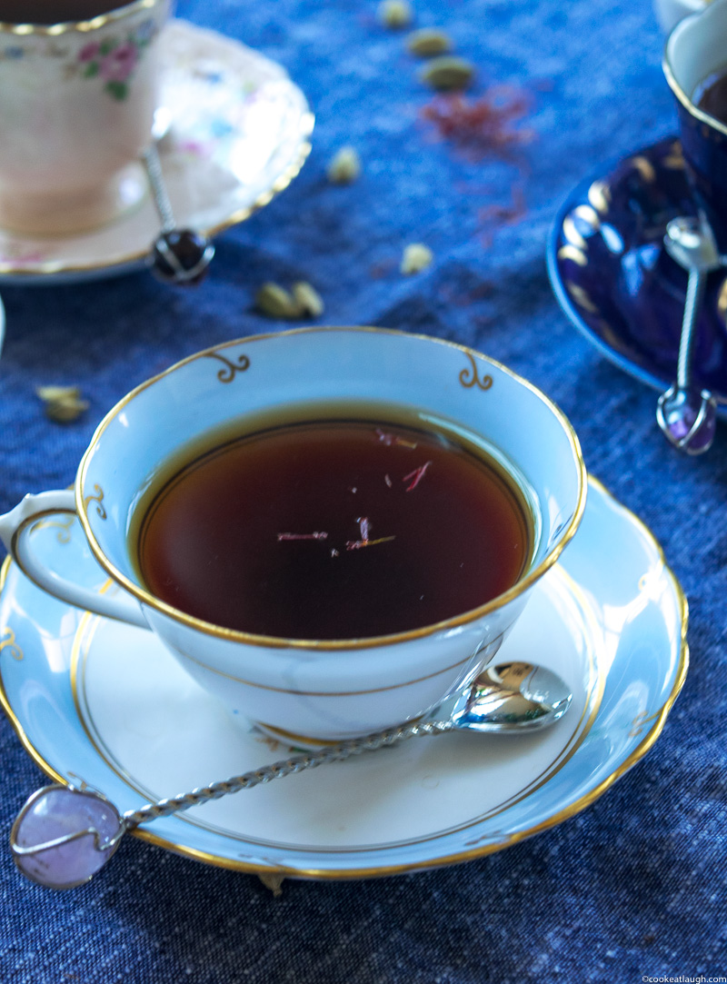 Saffron and cardamom black tea—strong black tea steeped with crushed cardamom and saffron! |www.cookeatlaugh.com--21-1