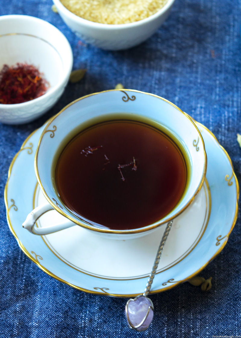 Saffron and cardamom black tea—strong black tea steeped with crushed cardamom and saffron! |www.cookeatlaugh.com--24-1