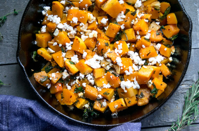 Sautéed Butternut squash with kale and feta