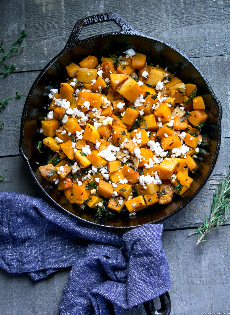 Sautéed Butternut squash with kale and feta--a lovely flavorful side dish for any of the upcoming holiday dinners! |www.cookeatlaugh.com 
