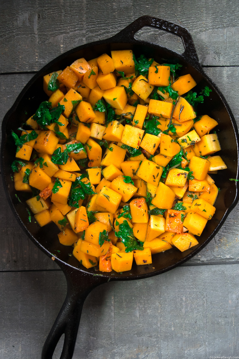 Sautéed Butternut squash with kale and feta--a lovely flavorful side dish for any of the upcoming holiday dinners! |www.cookeatlaugh.com 