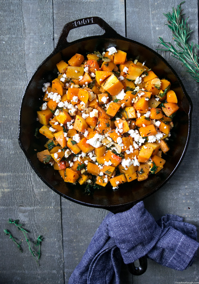 Sautéed Butternut squash with kale and feta--a lovely flavorful side dish for any of the upcoming holiday dinners! |www.cookeatlaugh.com