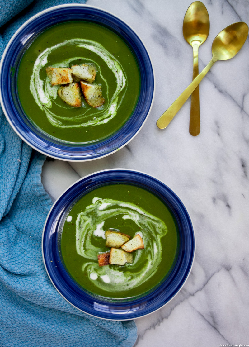Spinach and swiss chard green soup--superisingly delicious, comforting, and not to mention, packed full of nutrients. |www.cookeatlaugh.com