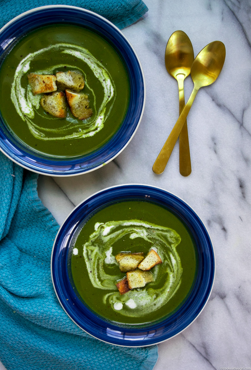 Spinach and swiss chard green soup--superisingly delicious, comforting, and not to mention, packed full of nutrients. |www.cookeatlaugh.com