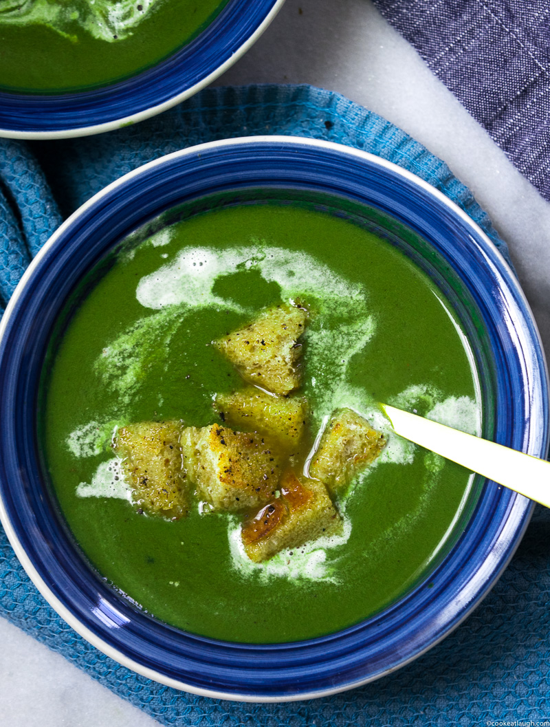 Spinach and swiss chard green soup--superisingly delicious, comforting, and not to mention, packed full of nutrients. |www.cookeatlaugh.com