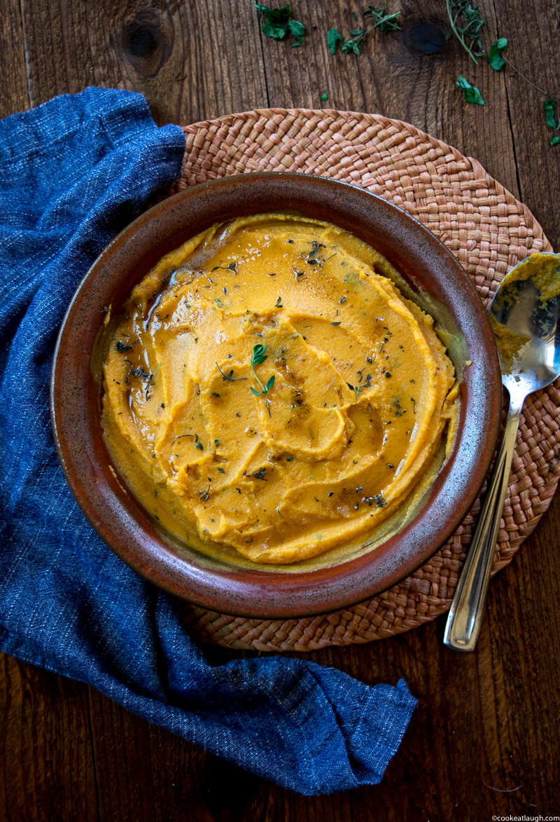 Sweet Potato & cauliflower mash with brown butter—a perfect savory side dish for thanksgiving and a great healthy alternative to mash potatoes. |www.cookeatlaugh.com--7