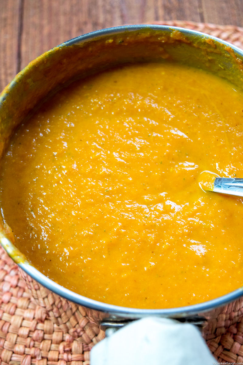 20-minute simple pumpkin sage soup--quick pumpkin sage soup makes for a delicious first course for your thanksgivng dinner or any meal.|www.cookeatlaugh.com-4