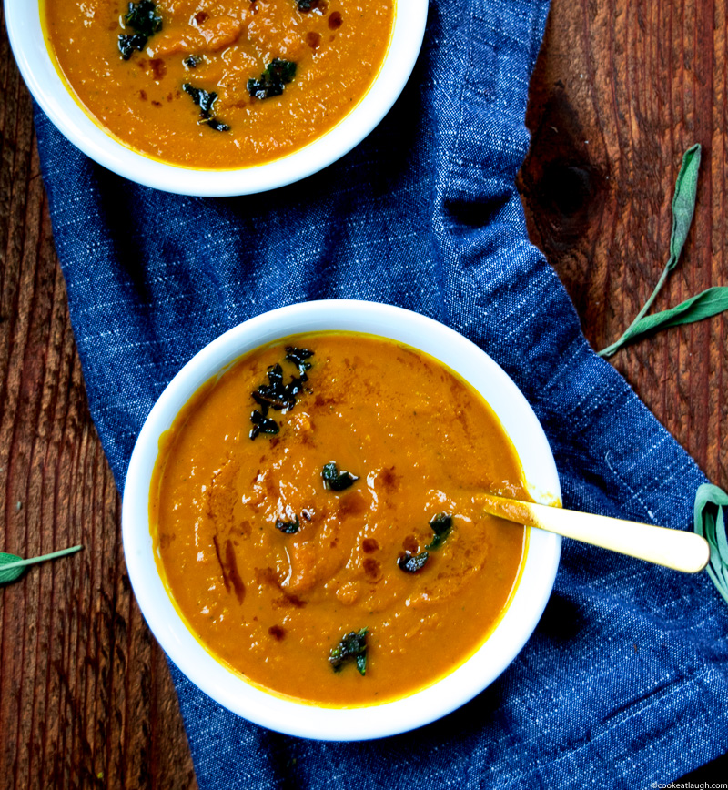 20-minute simple pumpkin sage soup--quick pumpkin sage soup makes for a delicious first course for your thanksgivng dinner or any meal.|www.cookeatlaugh.com-6