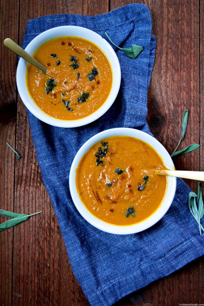 20-minute simple pumpkin sage soup--quick pumpkin sage soup makes for a delicious first course for your thanksgivng dinner or any meal.|www.cookeatlaugh.com-8