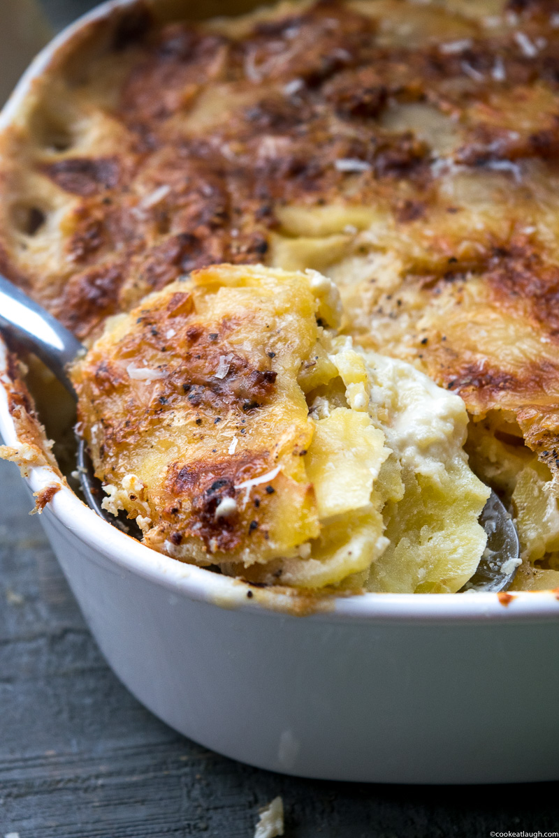 Simple and Easy potato au gratin— is a French style potato dish that is rich, creamy, and delicious. A perfect make ahead side for the holidays. |www.cookeatlaugh.com--8