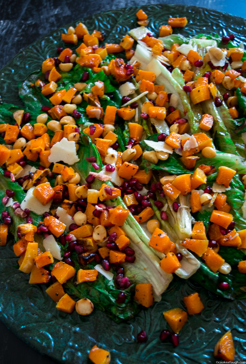 Grilled romaine lettuce salad with butternut squash salsa! not an ordinary boring salad, it is crunchy, smoky, tad sweet, and salty. Perfect for the holidays! www.cookeatlaugh.com-3