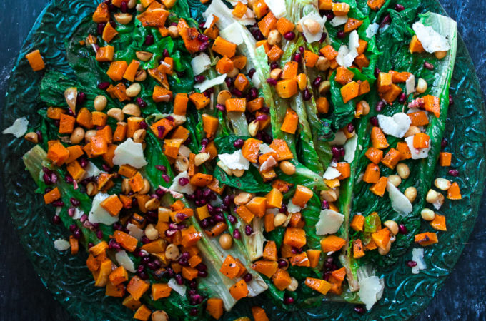 Grilled romaine lettuce salad with roasted butternut squash salsa