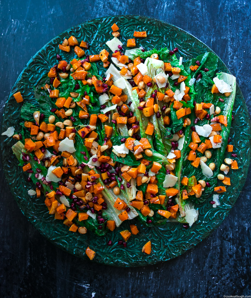 Grilled romaine lettuce salad with butternut squash salsa! not an ordinary boring salad, it is crunchy, smoky, tad sweet, and salty. Perfect for the holidays! www.cookeatlaugh.com-5