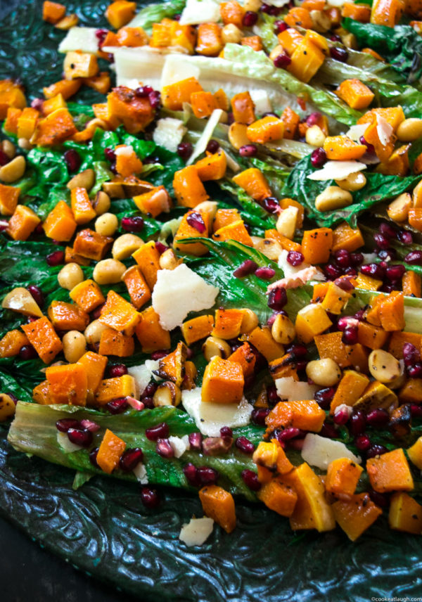 Grilled romaine lettuce salad with roasted butternut squash salsa