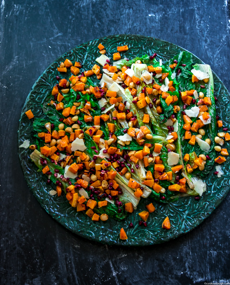 Grilled romaine lettuce salad with butternut squash salsa! not an ordinary boring salad, it is crunchy, smoky, tad sweet, and salty. Perfect for the holidays! www.cookeatlaugh.com-7