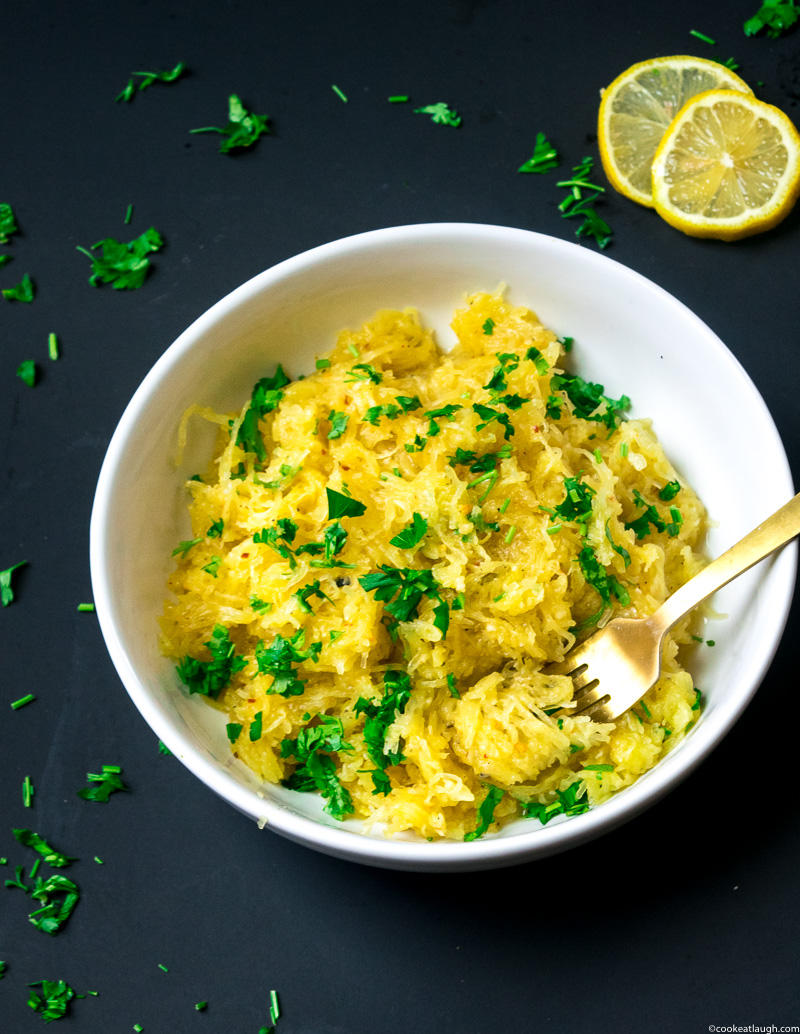Lemon garlic spaghetti squash! is an incredibly flavorful dish, that will satisfy your carb cravings. It’s gluten-free, vegan, and low-carb. |www.cookeatlaugh.com-10
