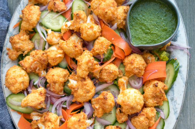 Tandoori Cauliflower Salad with pickled onion and cilantro dressing